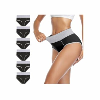 Mujer usando bragas de cintura alta en color negro y gris, con varias mostradas al lado.