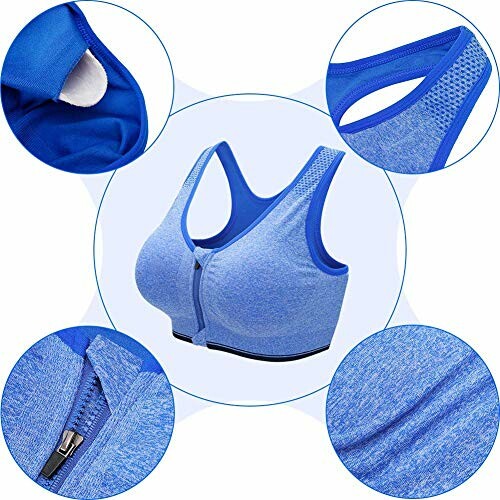 Sujetador deportivo azul con cremallera frontal y detalles de diseño.